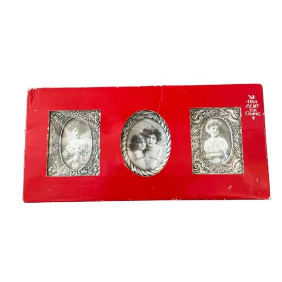 Vintage Pewter Ornate Silver Picture Frame Set With Oval Windows - Picture 2 of 10